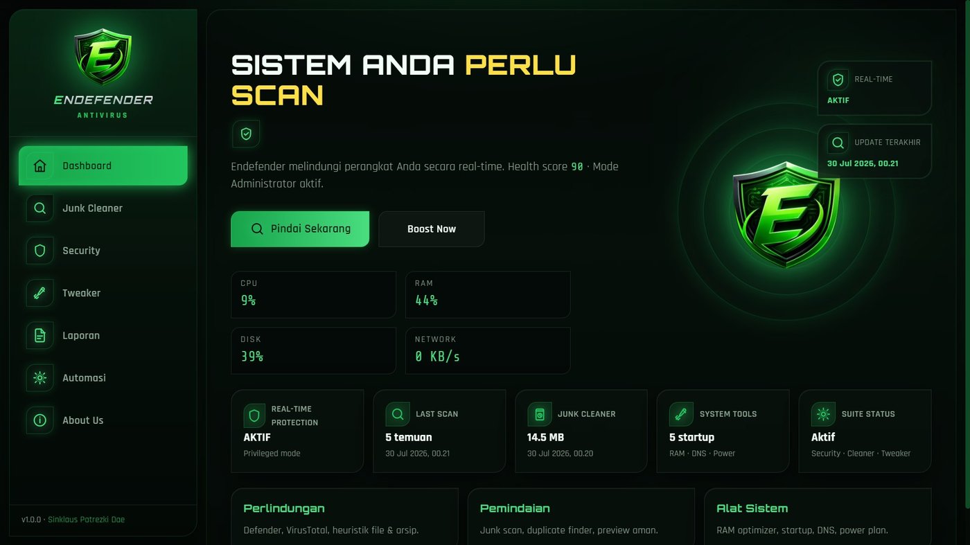 Tampilan dashboard ENDEFENDER Antivirus